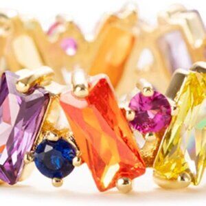 Colorful Rainbow Ring, Emerald Cut Eternity Band Rings for Women, 18K Gold Plate